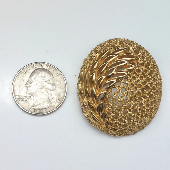 Vintage Crown Trifari Gold-Tone Leaf Motif Oval Brooch Pin Mod Retro Openwork De - Picture 7 of 8